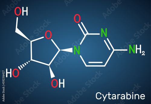 Cytarabine, cytosine arabinoside, ara-C molecule. It is chemotherapy medication. Structural chemical formula on the dark blue background.