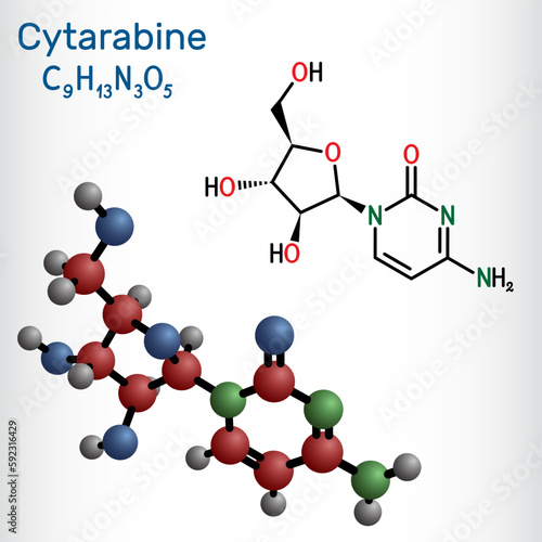 Cytarabine, cytosine arabinoside, ara-C molecule. It is chemotherapy medication. Structural chemical formula and molecule model.
