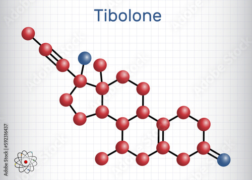 Tibolone molecule. It is anabolic steroid hormone drug, synthetic estrogen, used for treatment of symptoms of menopause, osteoporosis. Molecule model. Sheet of paper in a cage. photo