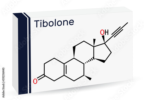 Tibolone molecule. It is anabolic steroid hormone drug, synthetic estrogen, used for treatment of symptoms of menopause, osteoporosis. Skeletal chemical formula. Paper packaging for drugs.