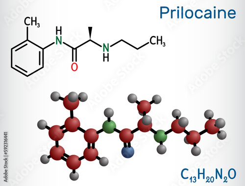Prilocaine molecule. It is local anesthetic, used in dental procedures. Structural chemical formula and molecule model.