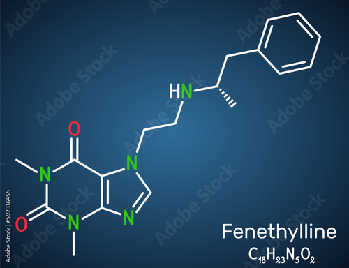 Fenethylline, phenethylline, amfetyline, fenetylline molecule. It is psychostimulant, narcotic, codrug of amphetamine and theophylline. Dark blue background