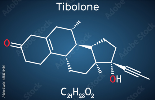 Tibolone molecule. It is anabolic steroid hormone drug, synthetic estrogen, used for treatment of symptoms of menopause, osteoporosis. Structural chemical formula on the dark blue background.
