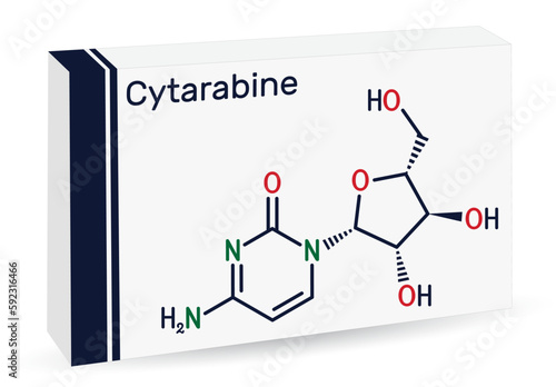 Cytarabine, cytosine arabinoside, ara-C molecule. It is chemotherapy medication. Skeletal chemical formula. Paper packaging for drugs