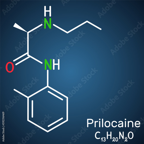 Prilocaine molecule. It is local anesthetic, used in dental procedures. Structural chemical formula on the dark blue background