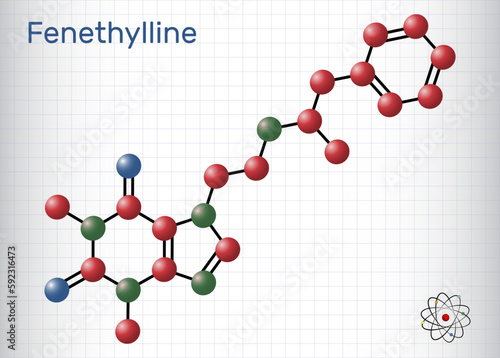 Fenethylline, phenethylline, amfetyline, fenetylline molecule. It is psychostimulant, narcotic, codrug of amphetamine and theophylline. Sheet of paper in a cage