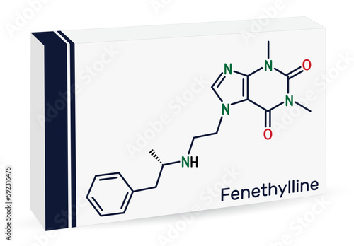Fenethylline, phenethylline, amfetyline, fenetylline molecule. It is psychostimulant, narcotic, codrug of amphetamine and theophylline. Skeletal chemical formula. Paper packaging for drugs