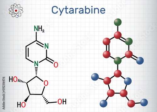 Cytarabine, cytosine arabinoside, ara-C molecule. It is chemotherapy medication. Structural chemical formula and molecule model. Sheet of paper in a cage.