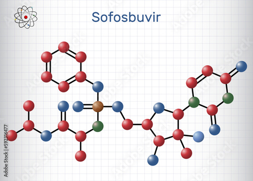 Sofosbuvir molecule. It is antiviral drug, used to treat  hepatitis C virus, HCV infections. Structural chemical formula, molecule model. Sheet of paper in a cage