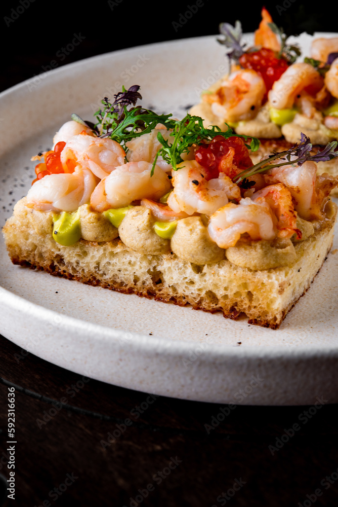 Prawns, shrimp seafood bruschetta with creamy cheese Prawns, shrimp seafood bruschetta with creamy cheese