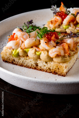 Prawns, shrimp seafood bruschetta with creamy cheese