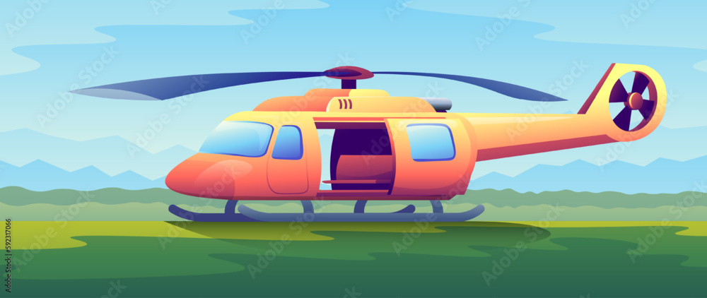 Cartoon orange air transport in horizontal illustration. The helicopter stands on dirt strip on green grass background. Cartoon orange air transport in horizontal illustration. The helicopter stands on dirt strip on green grass background.