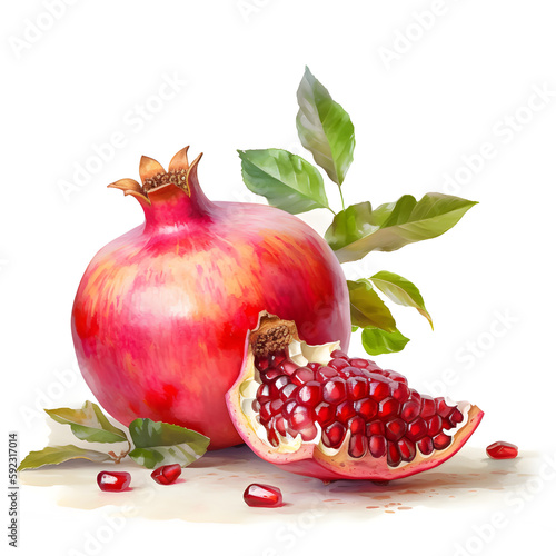 Watercolor illustration of pomegranate fruit, isolated on white background. Generative AI