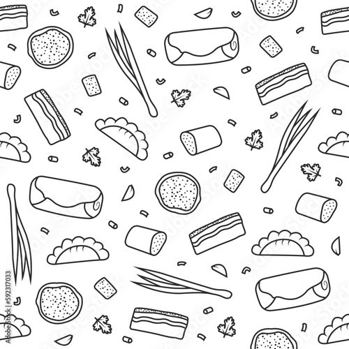 Seamless outline pattern of elements of Ukrainian cuisine on a white background