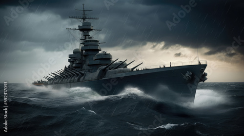 Fotografiet a massive battleship cutting through the choppy waves