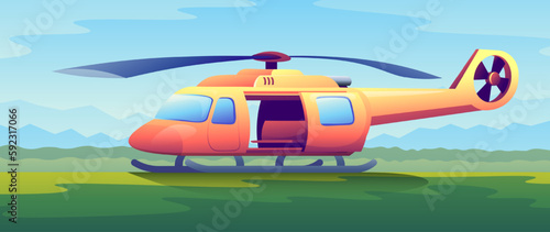 Cartoon orange air transport in horizontal illustration. The helicopter stands on dirt strip on green grass background.