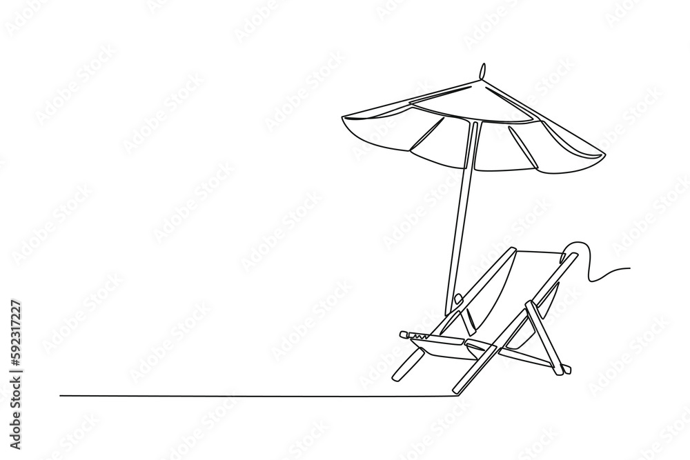 Single one line drawing beach chairs and umbrella. Summer beach concept