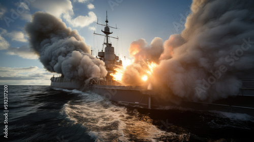 Foto a battleship firing its main guns in a fierce naval