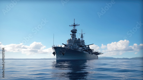 a battleship sailing in calm water with clear blue sky