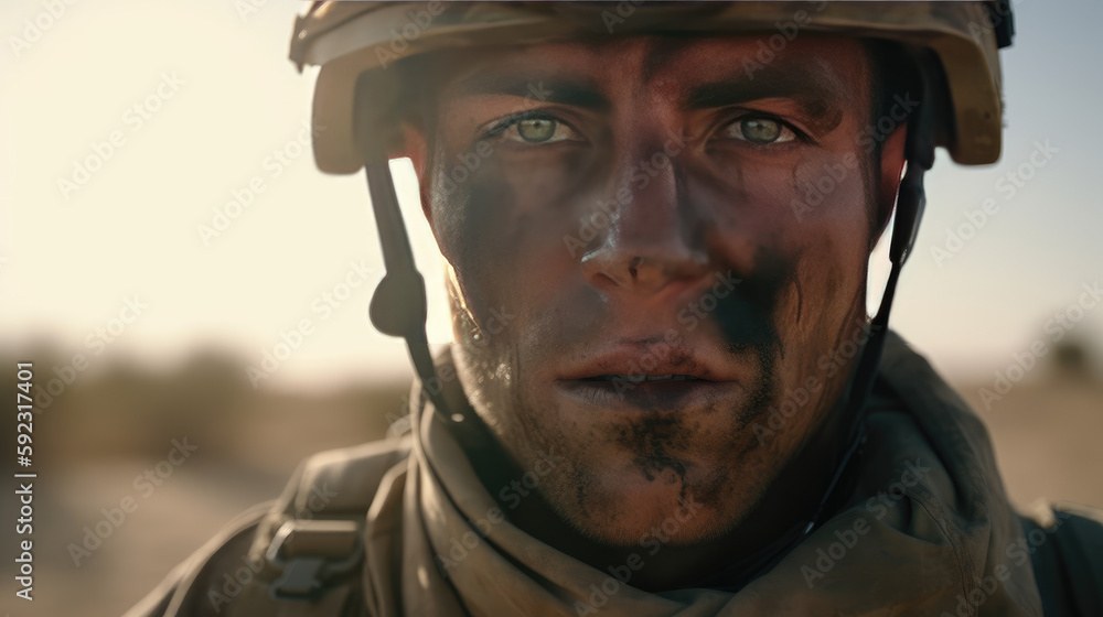 a closeup shot of a soldiers face on the battlefield a closeup shot of a soldiers face on the battlefield