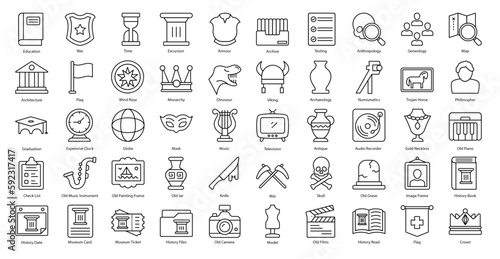 History Thin Line Icons Anthropology Education Icon Set in Outline Style 50 Vector Icons in Black	