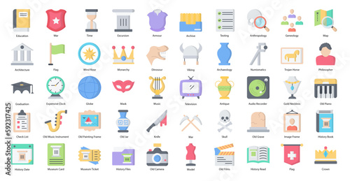 History Flat Icons Anthropology Education Icon Set in Color Style 50 Vector Icons