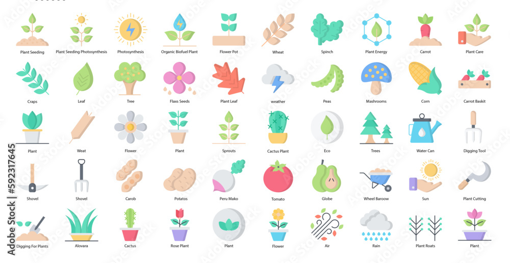 Plant Based Flat Icons Plants Flower Gardening Icon Set in Color Style 50 Vector Icons in Black	
