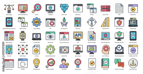 Web Development Color Line Icons Coding Web Design Icon Set in Filled Outline Style 50 Vector Icons in Black	