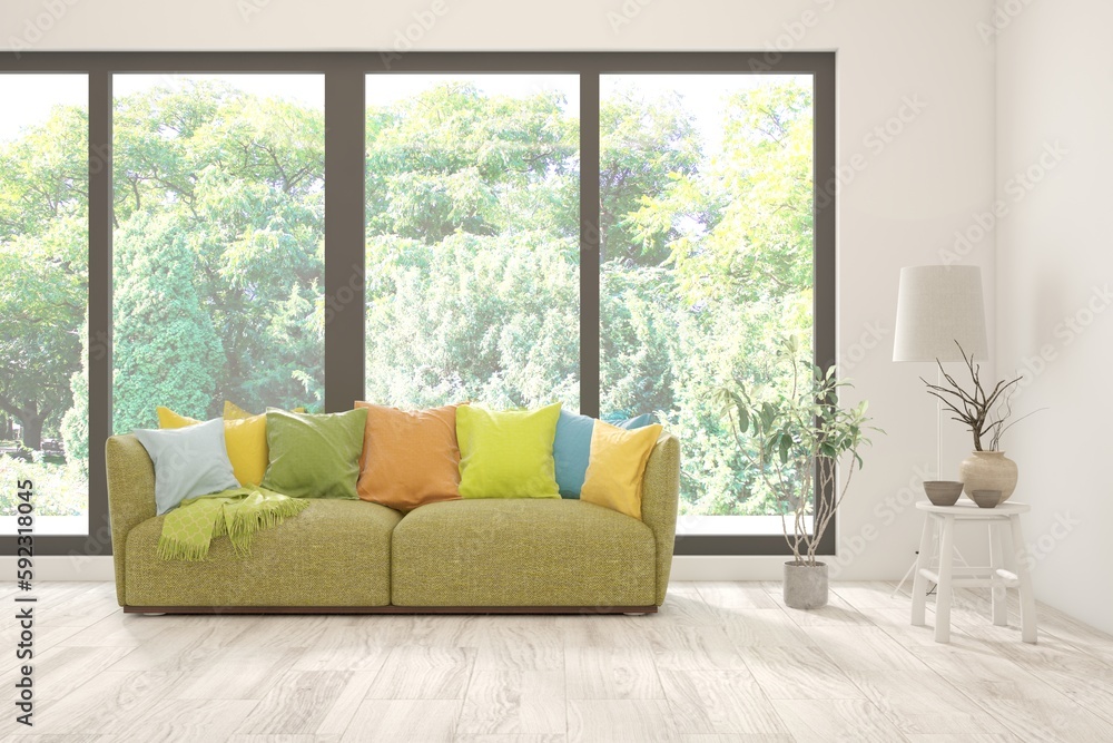 Fototapeta premium Bright interior design with modern furniture and summer landscape in window. 3D illustration