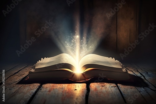 An open book on a wooden table with a mystical bright light pouring from its pages