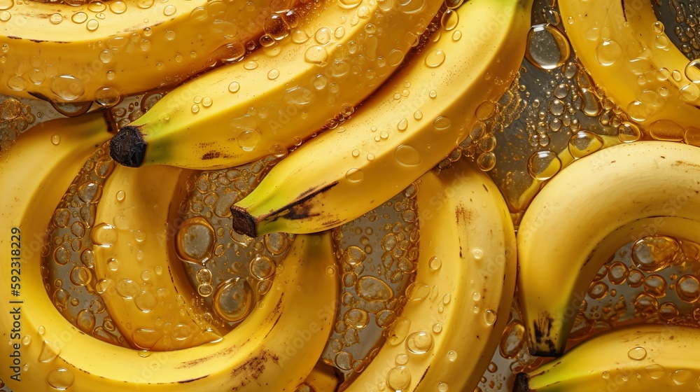 Fresh healthy & organic Bananas with drops of water. From above. Close up. Macro. Fruit. Food magazine. Food Design. Generative AI.