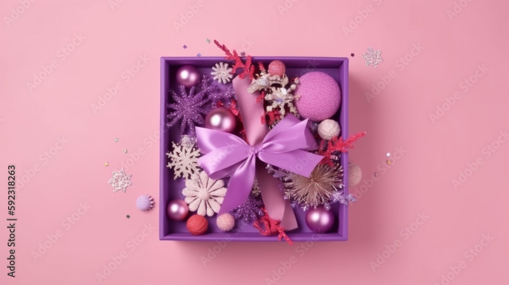 新年のコンセプト。パステルピンクの背景の上に、リボンのついた大きな紫色のプレゼントボックスとピンクの紫色のつまらないもの、雪の結晶の花飾り、紙吹雪のトップビュー写真GenerativeAI