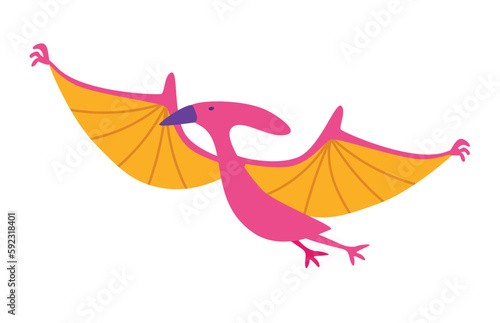 Concept Dinosaurs set. The illustration is a flat vector design that showcases the concept of a cartoon pterodactyl on a white background, featuring a pink color scheme. Vector illustration.
