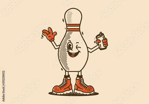 Character design of a bowling pin holding a beer can