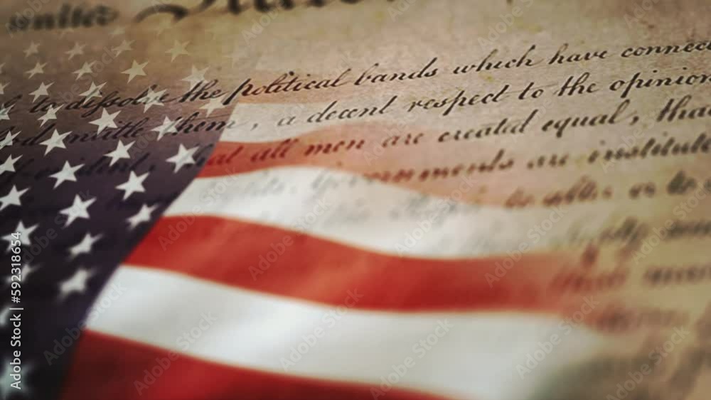 Fourth Of July With Flag And Bill Of Rights/ 4k motion graphics of a vintage background of mixed old printed declaration of independence of the united states with waving american flag for fourth of ju