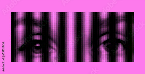 Retro halftone effect. Stylized eyes. silhouette of human eyes. against a bright background. modern print.