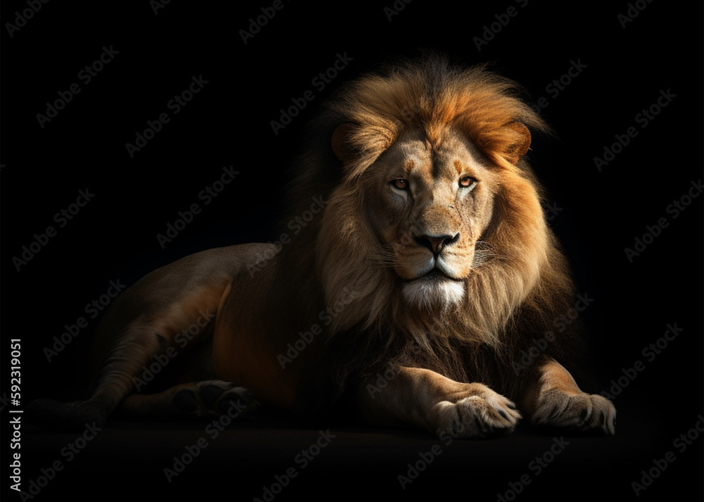 Detailed portrait of king of beasts lion of the jungle, isolated on black background. generative ai