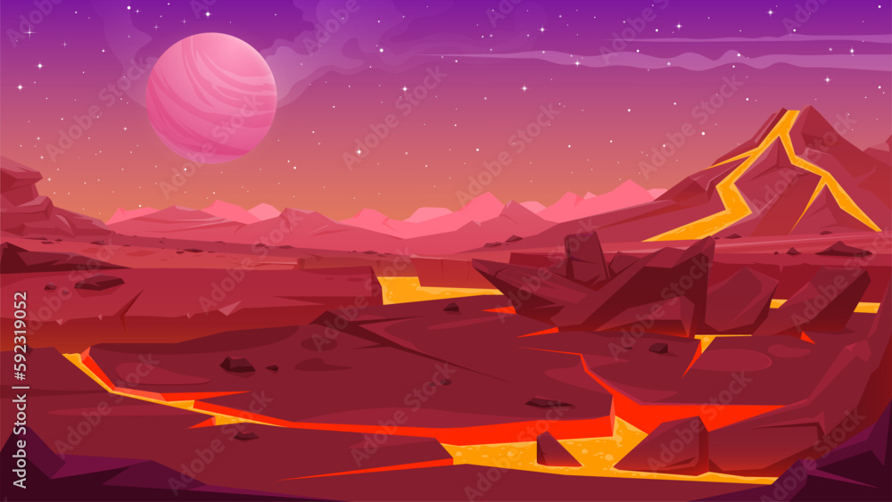 Naklejka premium Hand -drawn vector illustration of the natural landscape of the planet with the current lava in crevices.