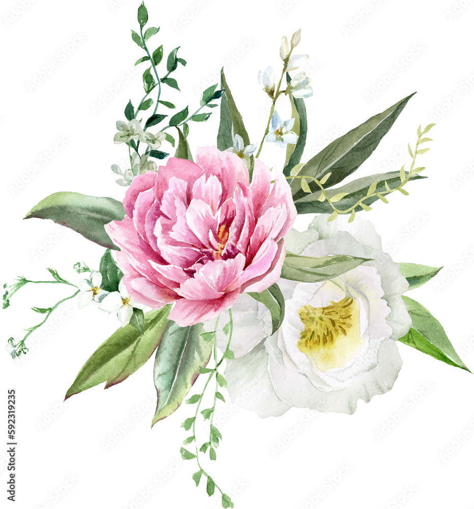 Watercolor bouquet with delicate peonies and eucalyptus greens. For wedding invitations, greetings, wallpapers, fashion, prints