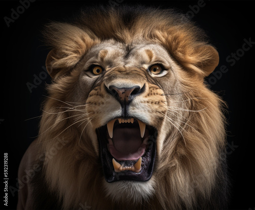 Detailed portrait of a roaring lion s face  isolated black background  generative ai