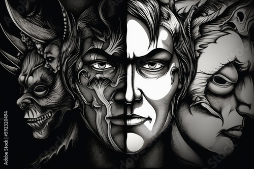 black-and-white image of person, with good and evil represented by different sides, created with generative ai