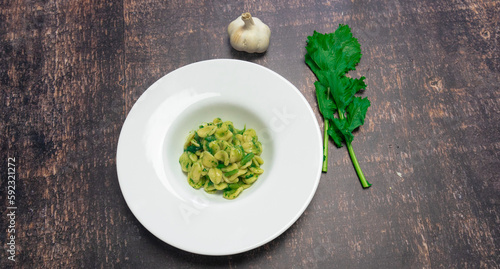 Typical dish of Italian cuisine, orecchiette with turnip greens. Orecchiette with cime di rapa 