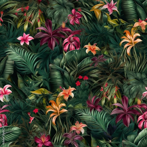 Tranquil Tropical Leaves and Flowers seamless pattern