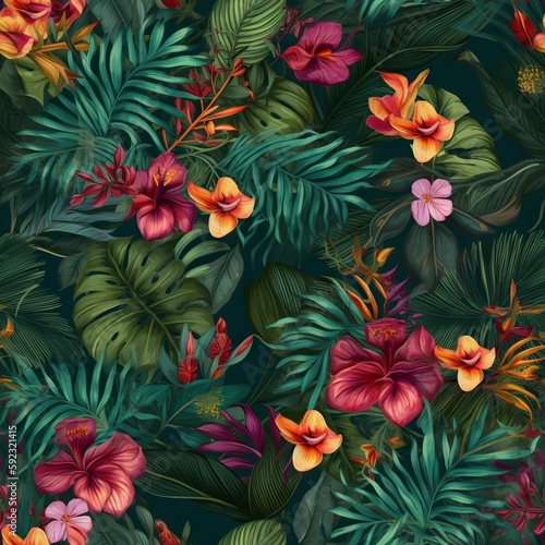 Tranquil Tropical Leaves and Flowers seamless pattern