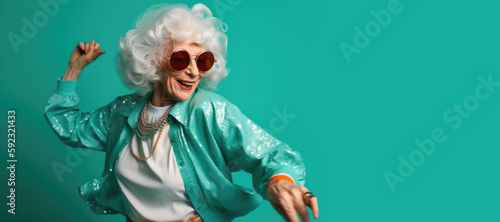 Senior woman wearing 80s style colorful outfit is dancing on colored background. Generative AI photo