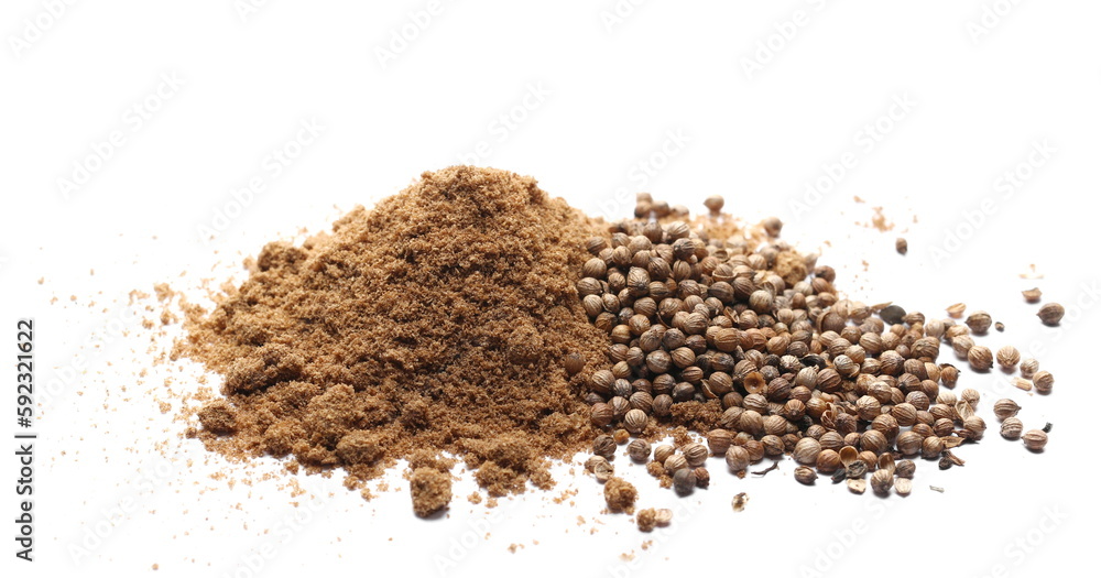 Coriander powder pile and grains isolated on white Coriander powder pile and grains isolated on white