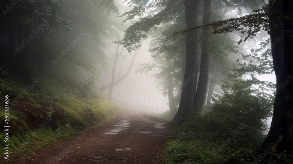 Obraz premium A foggy, mysterious forest path, leaving room for text in the mist. Generative ai.