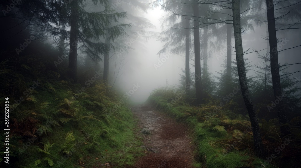 Naklejka premium A foggy, mysterious forest path, leaving room for text in the mist. Generative ai.