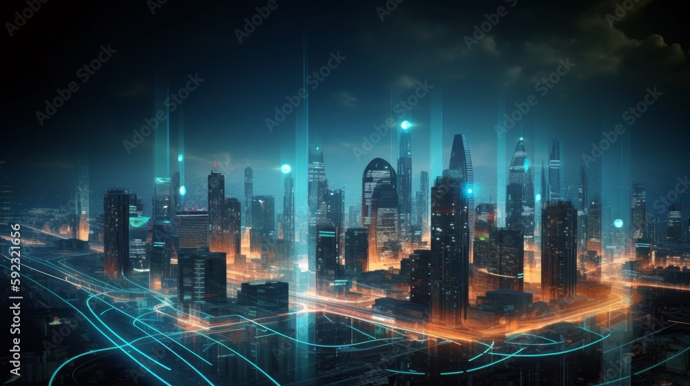 A futuristic cityscape, with smart buildings and advanced technology. Generative ai.