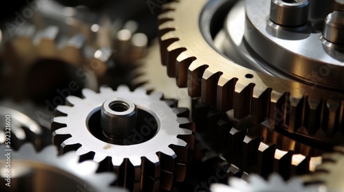A close - up of gears and machinery, symbolizing innovation, with copyspace. Generative ai.
